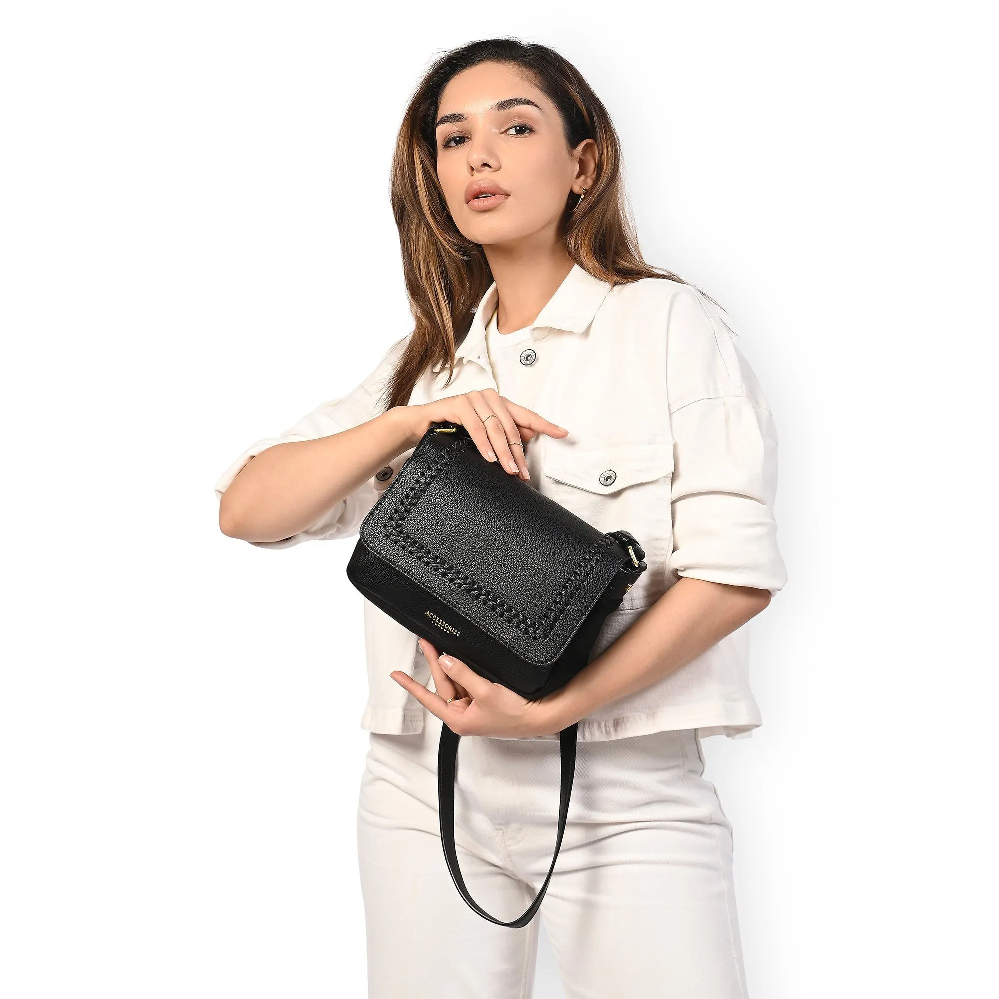 Accessorize London Women's Black Caffy Camera Braided Faux Leather Sling Bag