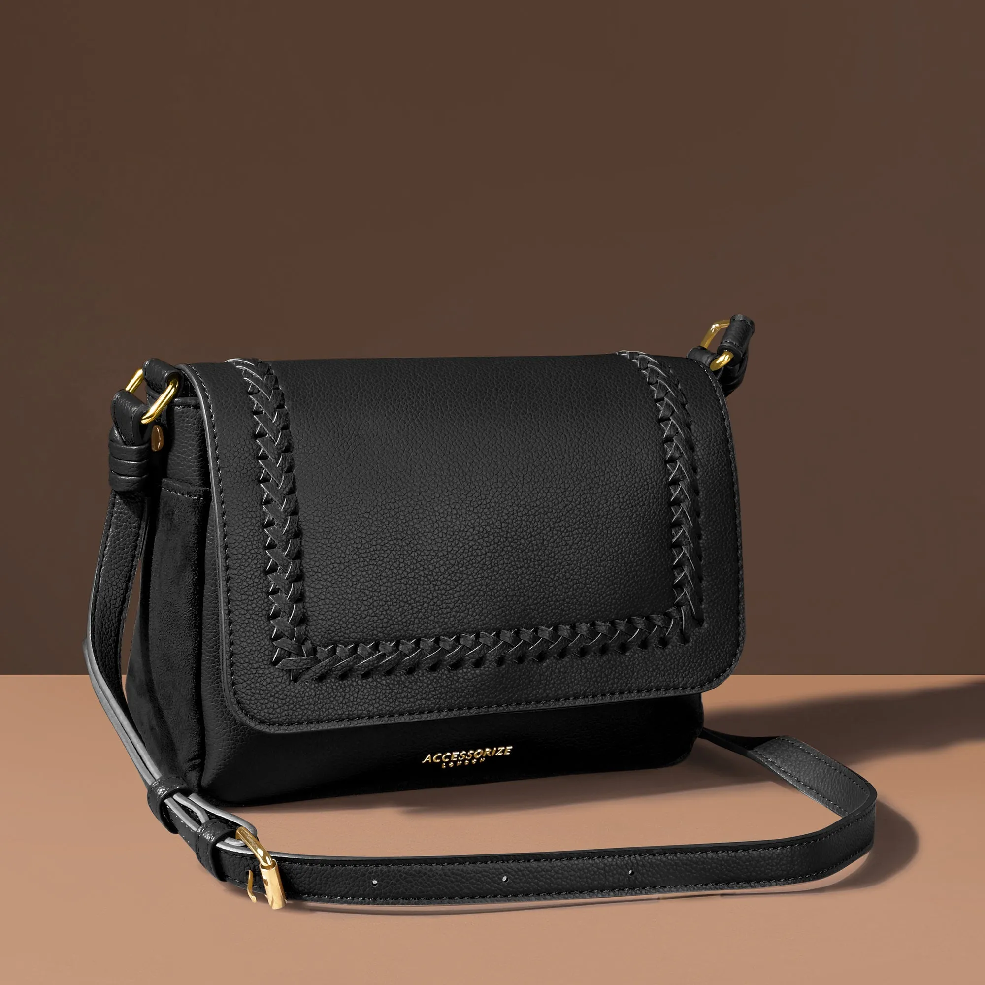 Accessorize London Women's Black Caffy Camera Braided Faux Leather Sling Bag