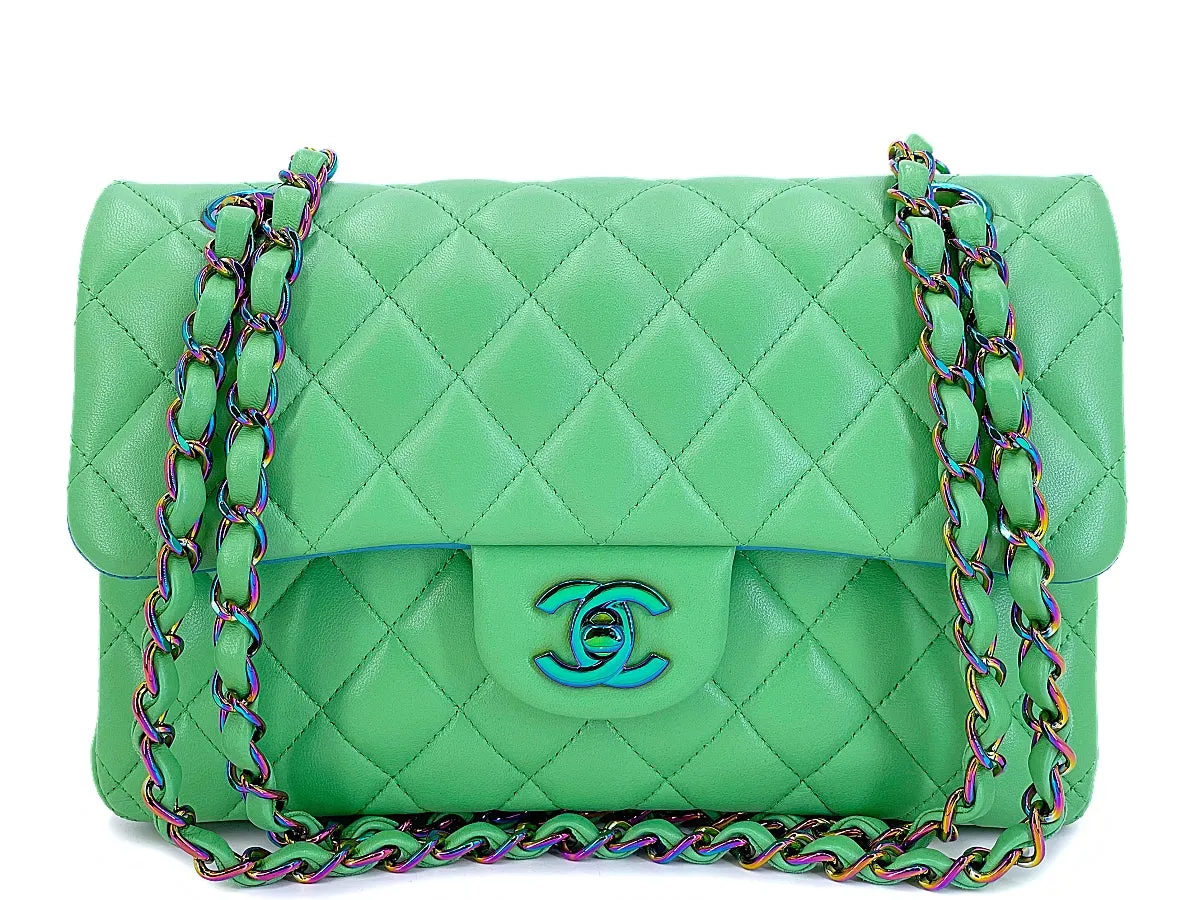 Chanel 2021 Green Small Classic Double Flap Bag Rainbow HW