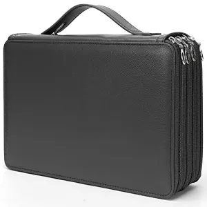 Colored Pencil Case - 200 Slots Pencil Holder with Zipper Closure Deluxe PU Leather Large Capacity Pencil Case for Watercolor Pens or Markers, Pencil Case Organizer for Artist (Black)