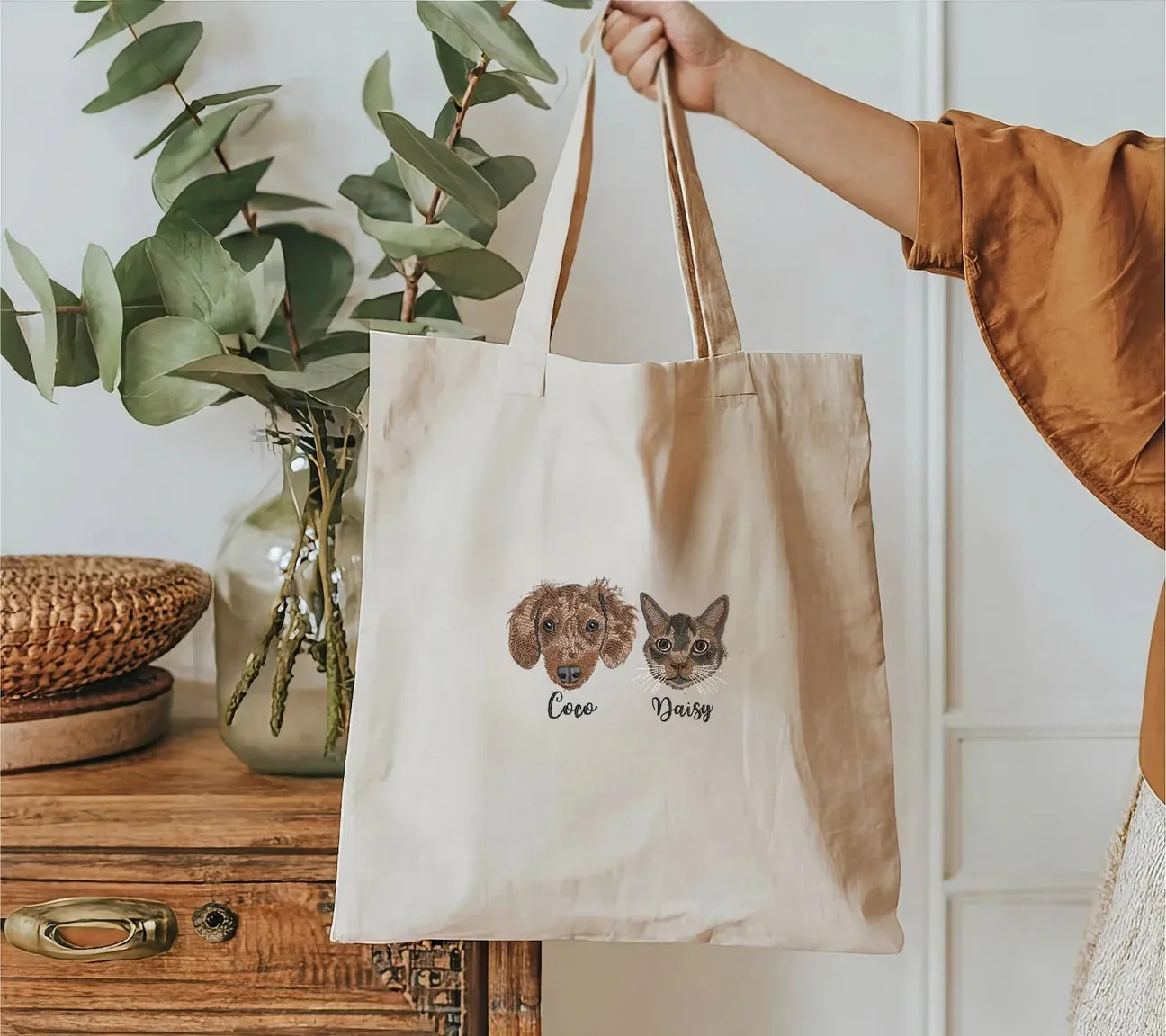 Custom EMBROIDERED Pet Portrait Canvas Tote, Custom Dog Portrait, Dog Bag, Pet Face Gift, Dog Mom Gift, Dog Embroidery, Personalized Gifts