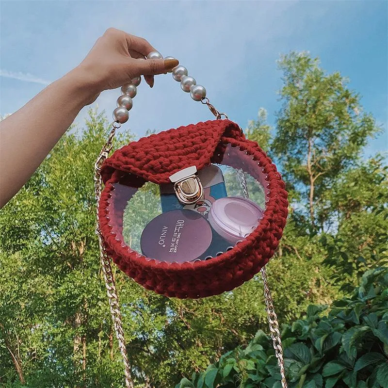 Cute Round White(No Flap) Crochet Crossbody Purse PMMA Crochet Shoulder Round Handbag for Girl Circle Crochet Crossbody Purses