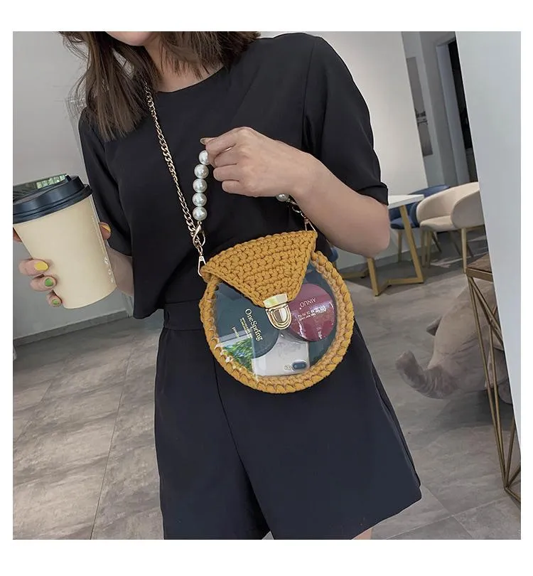 Cute Round White(No Flap) Crochet Crossbody Purse PMMA Crochet Shoulder Round Handbag for Girl Circle Crochet Crossbody Purses