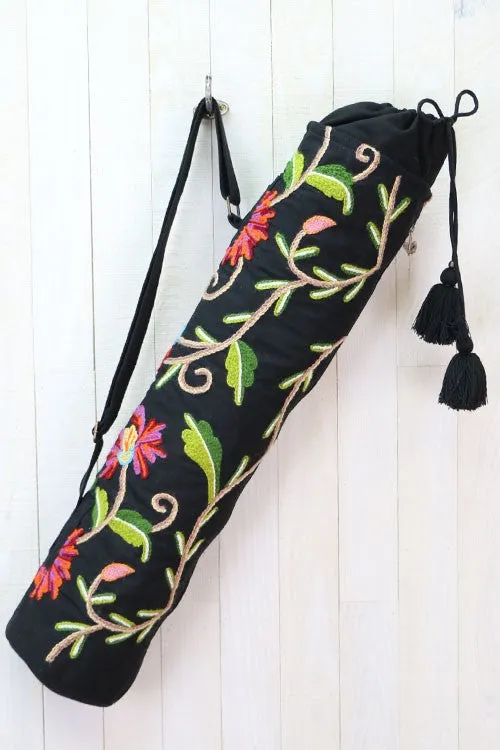Embroidered Botanical Floral Yoga Bag
