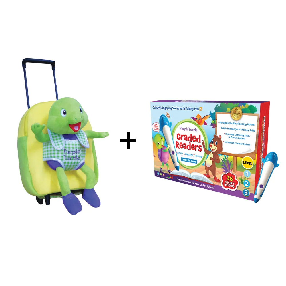 Graded Readers Combo Pack for Kids - 36 Colourful Illustrated Stories with Talking Pen   Kids' Travel Trolley Bag -  Purple Turtle