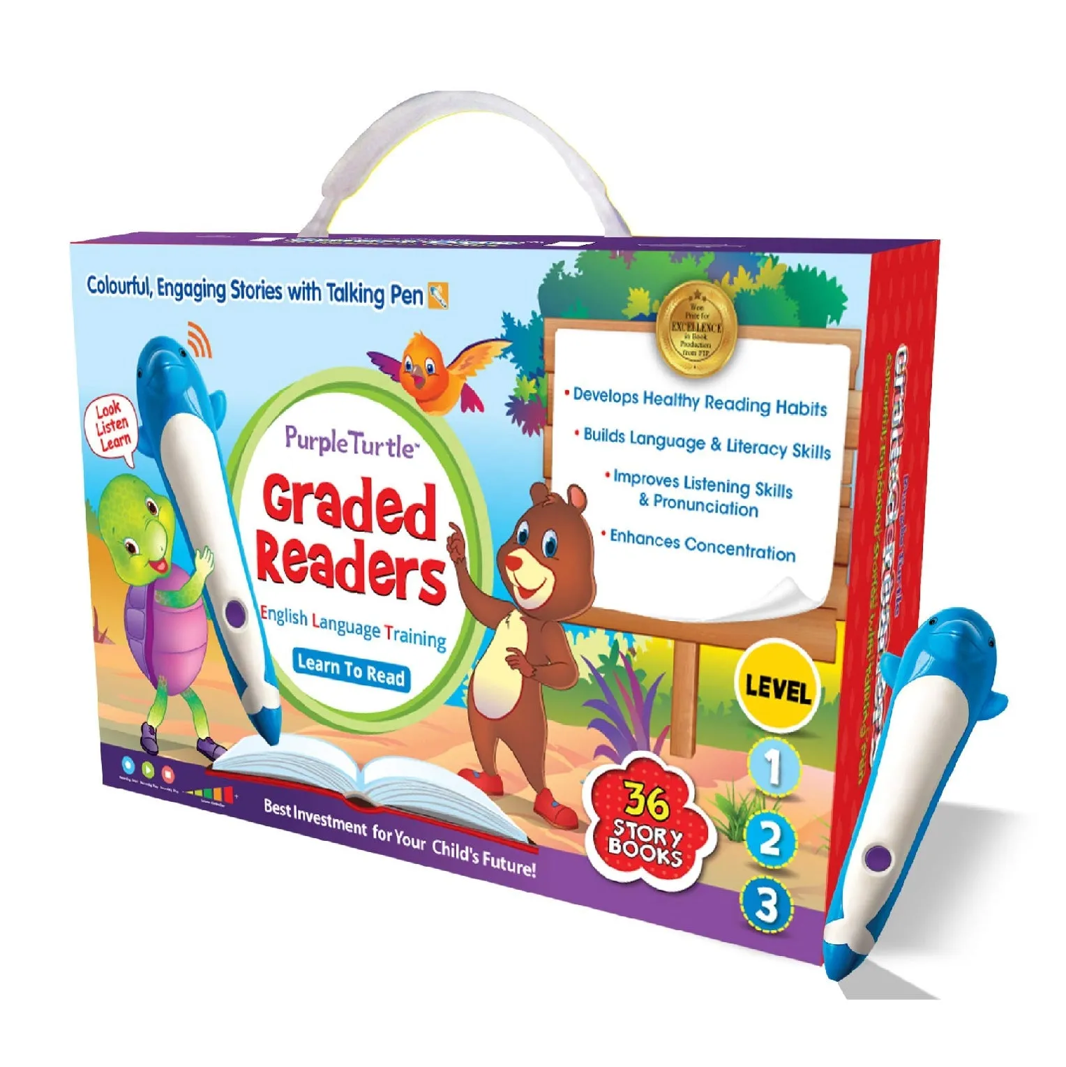 Graded Readers Combo Pack for Kids - 36 Colourful Illustrated Stories with Talking Pen   Kids' Travel Trolley Bag -  Purple Turtle