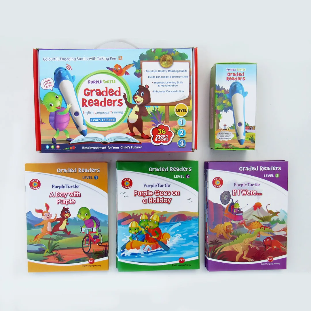 Graded Readers Combo Pack for Kids - 36 Colourful Illustrated Stories with Talking Pen   Kids' Travel Trolley Bag -  Purple Turtle
