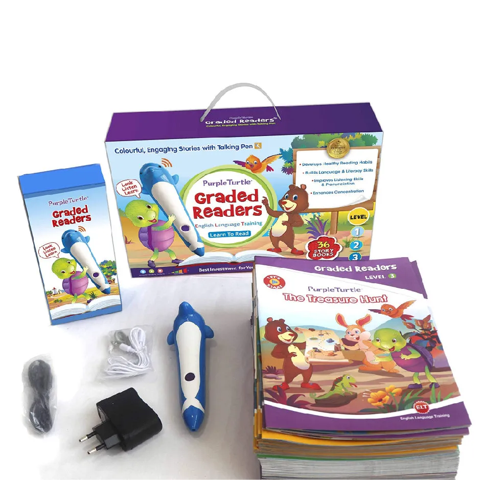 Graded Readers Combo Pack for Kids - 36 Colourful Illustrated Stories with Talking Pen   Kids' Travel Trolley Bag -  Purple Turtle