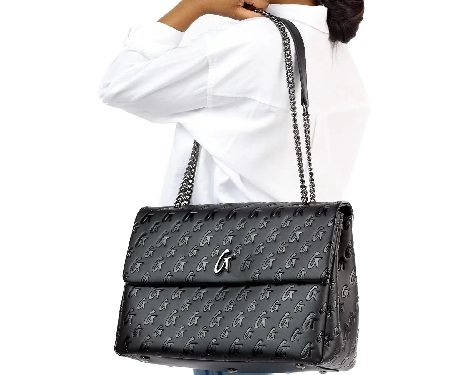 LARGE MONOGRAM FLAP BAG - BLACK