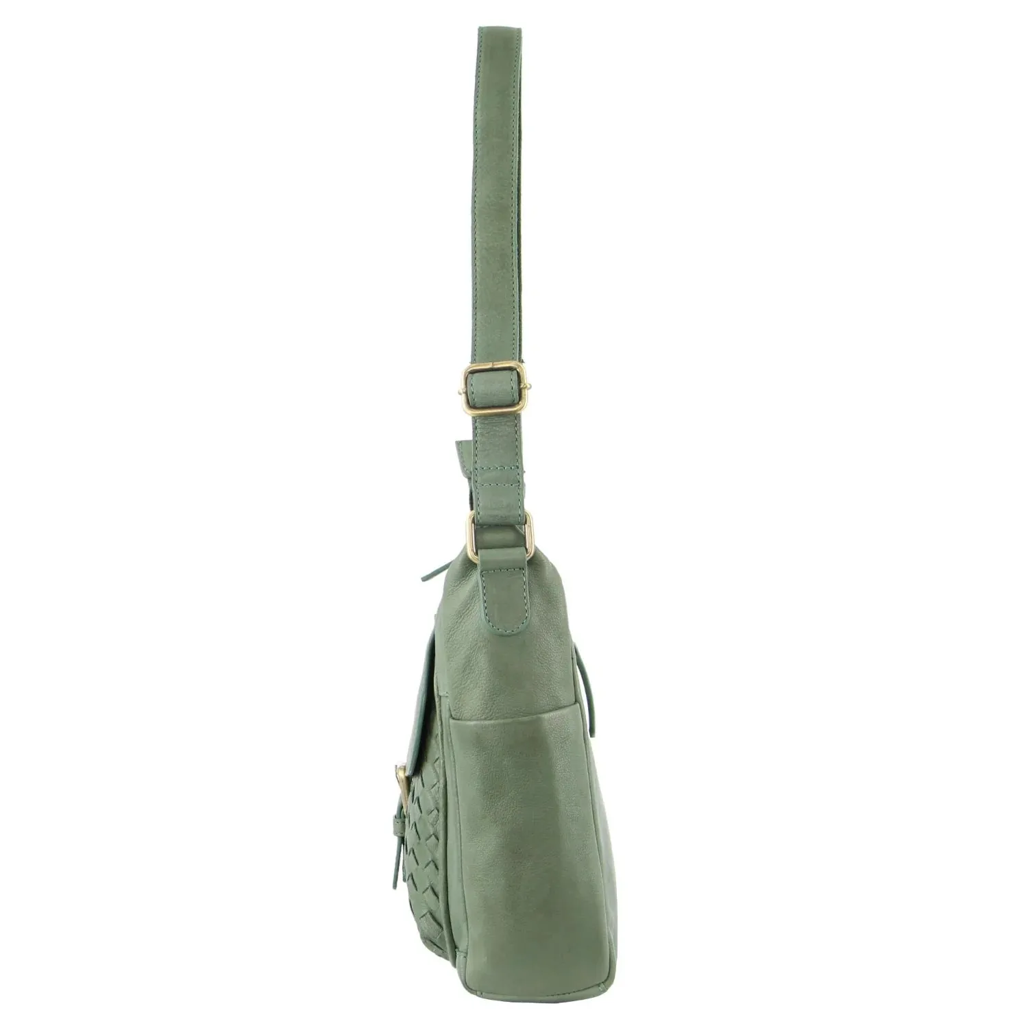 Pierre Cardin Leather Cross Body Bag with Woven Front Pocket - Green